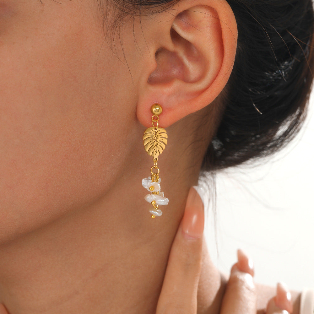 Gold Plated Leaf Pearl Earrings