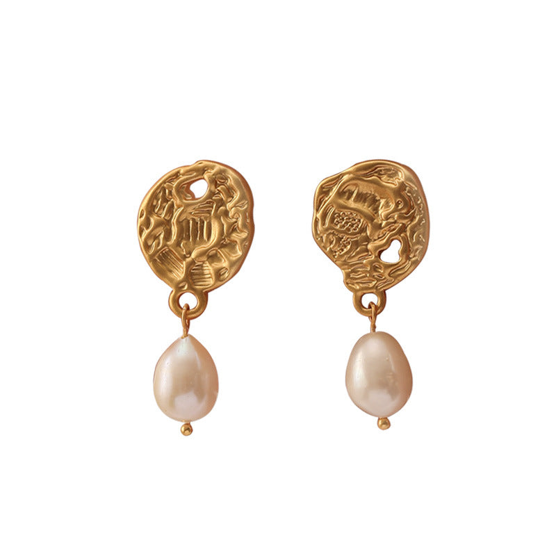 Asymmetric embossed freshwater pearl earrings