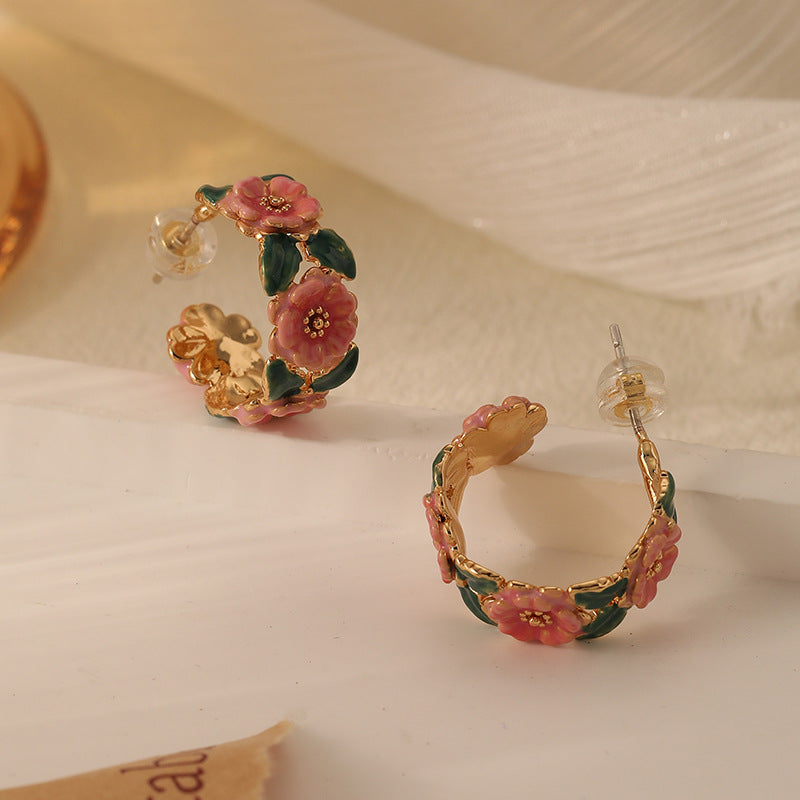 Vintage Camellia Enamel Drop Earrings