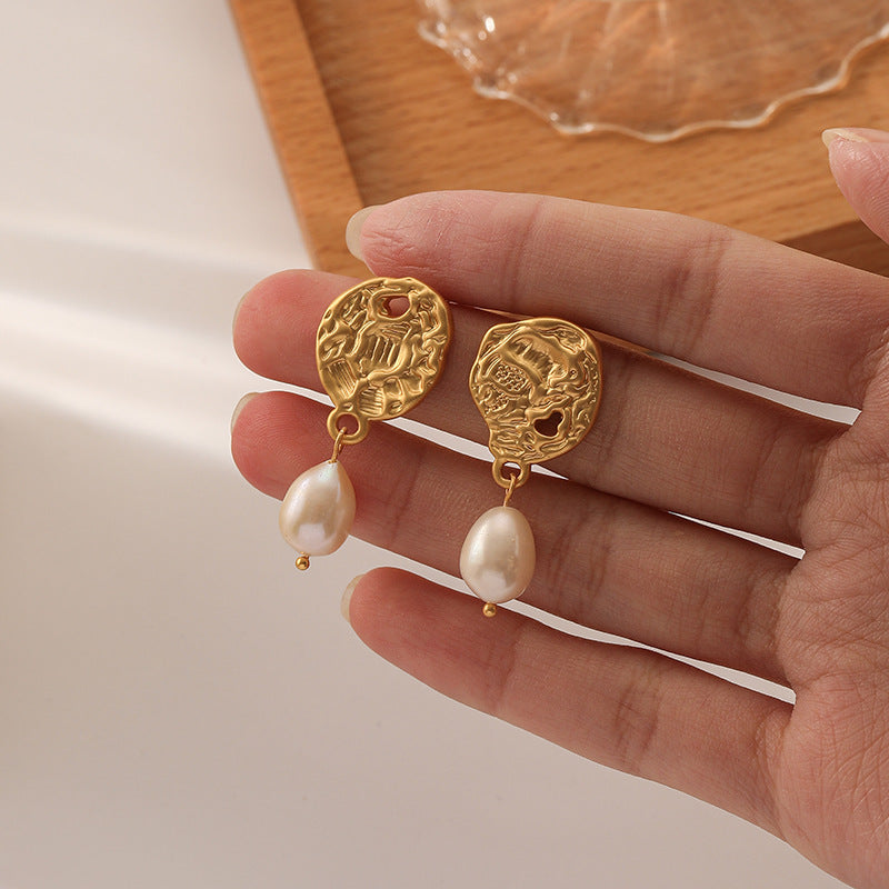 Asymmetric embossed freshwater pearl earrings