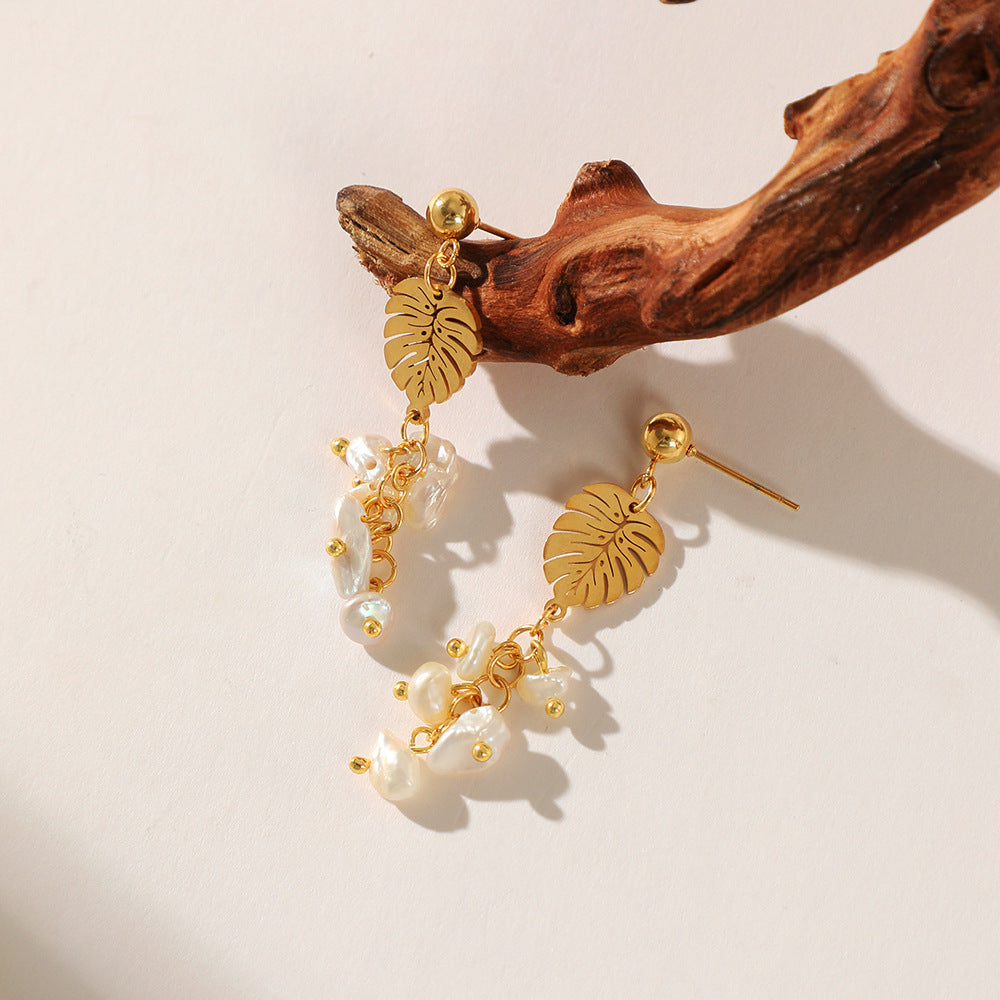 Gold Plated Leaf Pearl Earrings