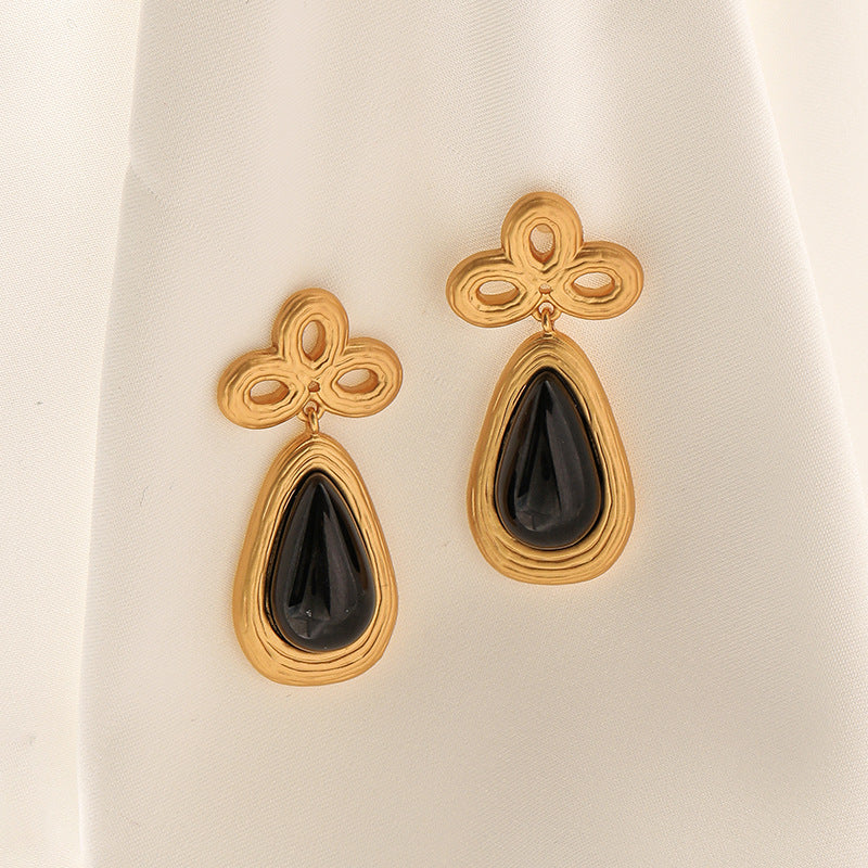 Chinese Knot Black Stone Drop Earrings