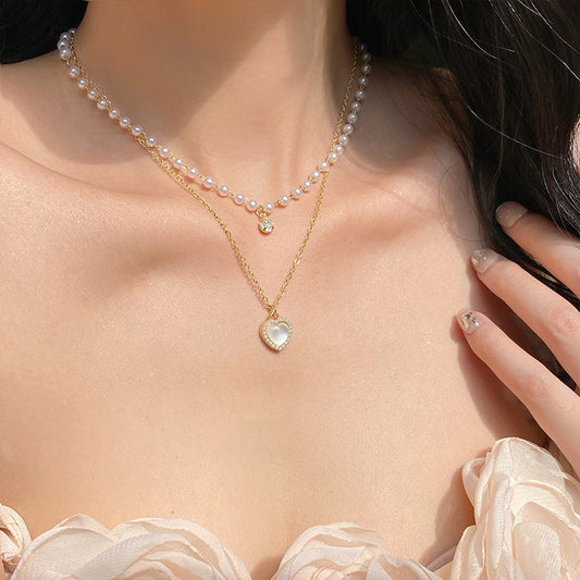 Pearl Double Layers Heart Necklace Women's Niche Stacking Collarbone Chain