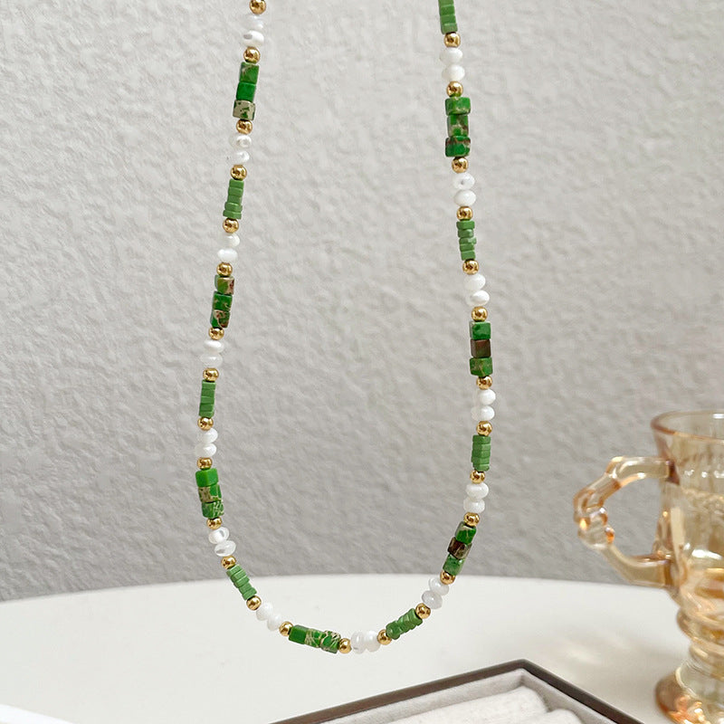 Green Square Natural Stone Shell Beaded Necklace