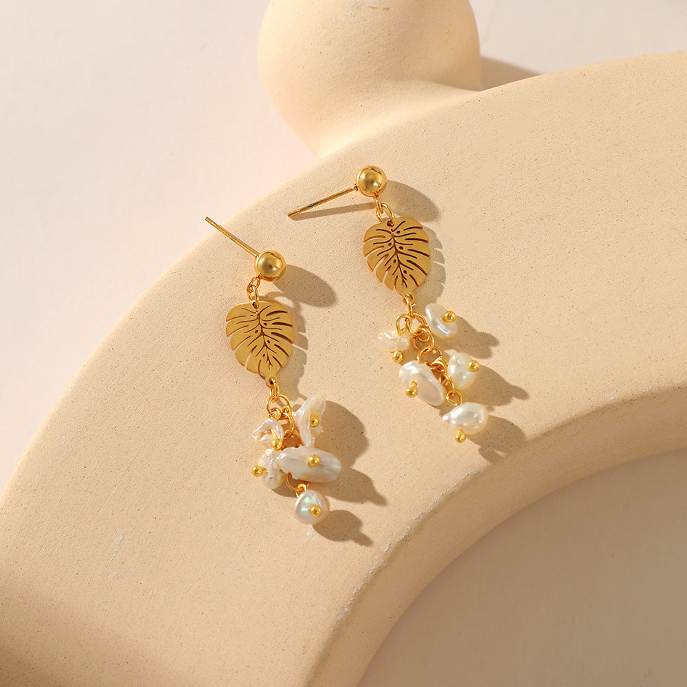 Gold Plated Leaf Pearl Earrings