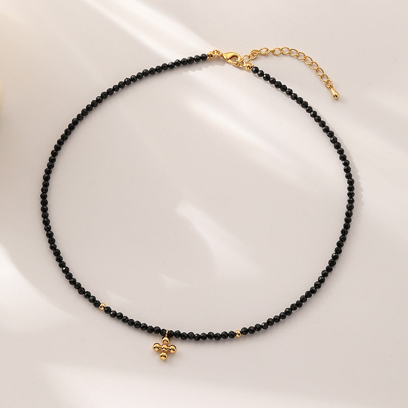 Black Beaded Cross Necklace