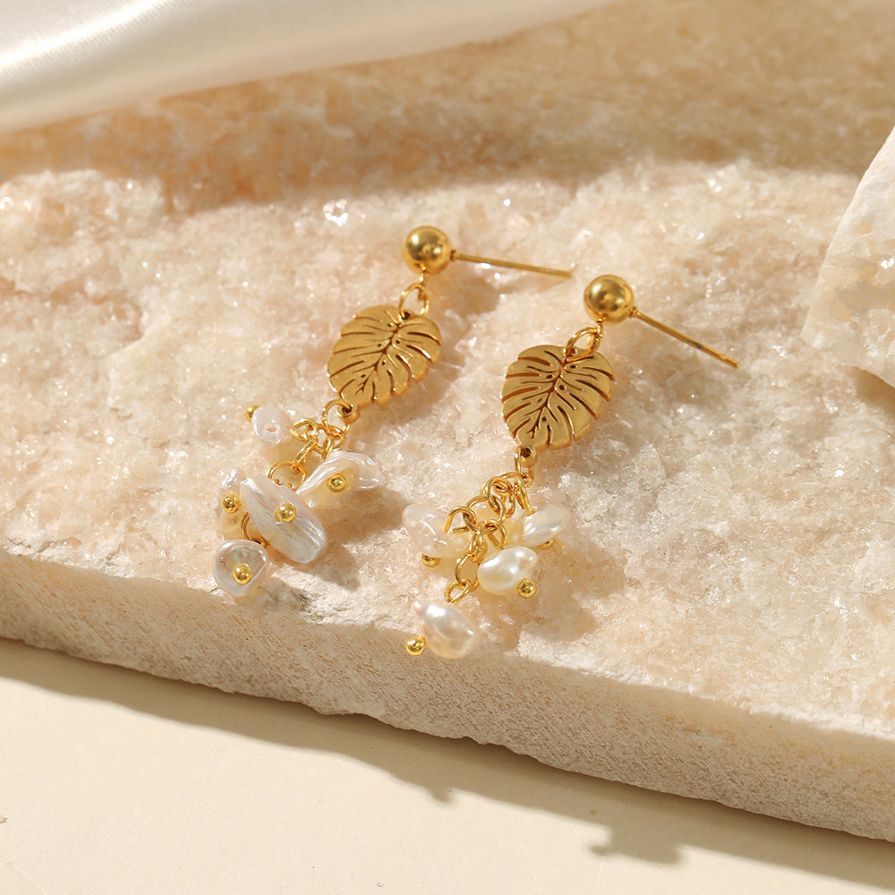 Gold Plated Leaf Pearl Earrings