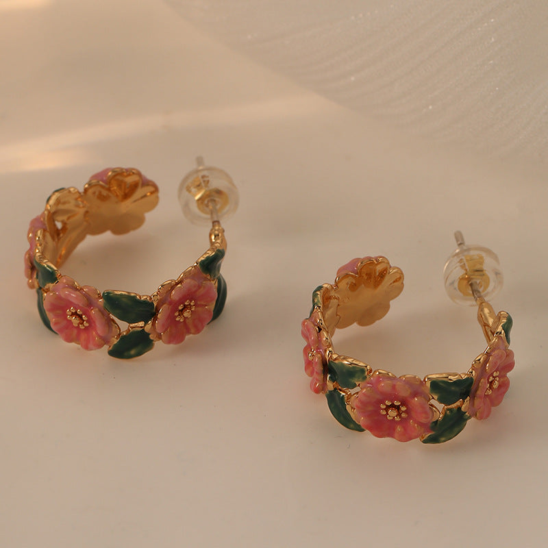 Vintage Camellia Enamel Drop Earrings