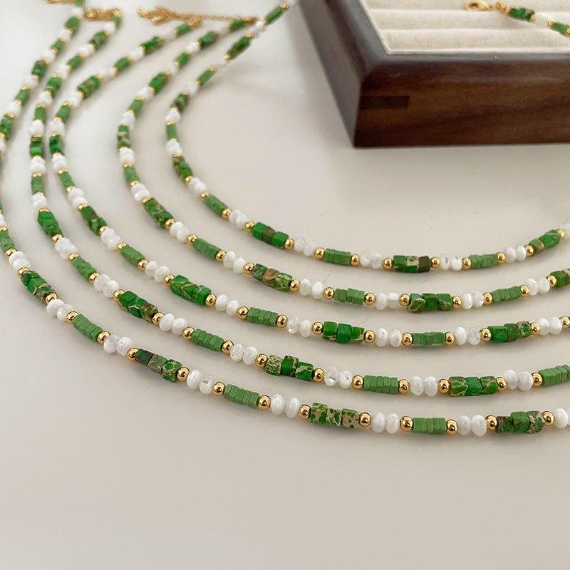 Green Square Natural Stone Shell Beaded Necklace