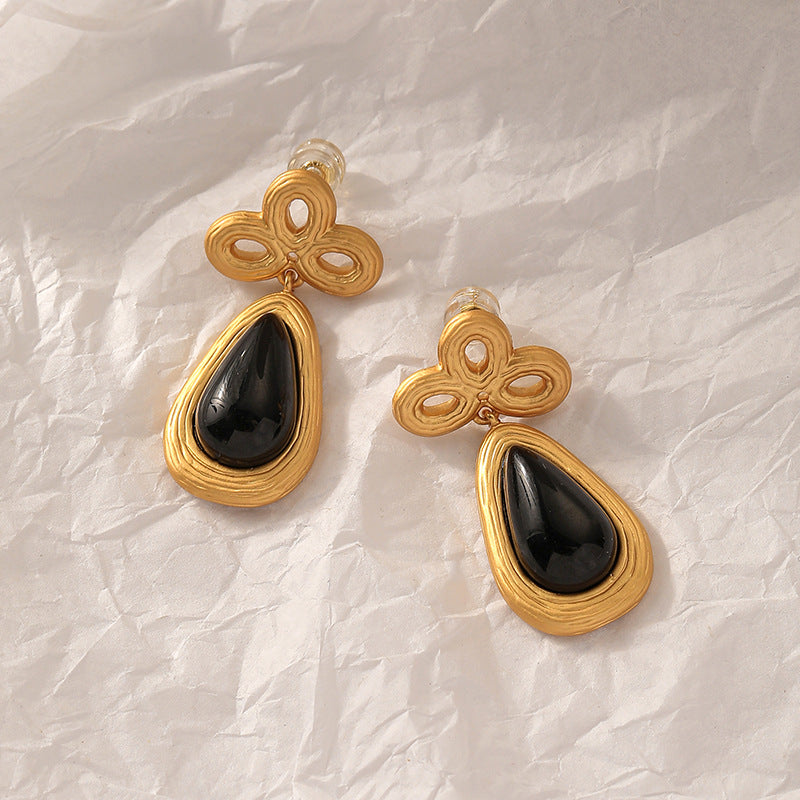 Chinese Knot Black Stone Drop Earrings