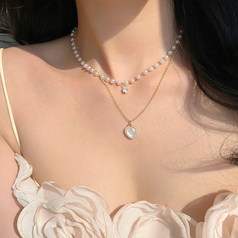 Pearl Double Layers Heart Necklace Women's Niche Stacking Collarbone Chain