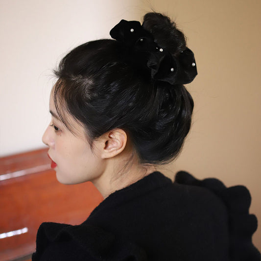 Velvet Black Pearl Ruffled Sausage Hair Bands