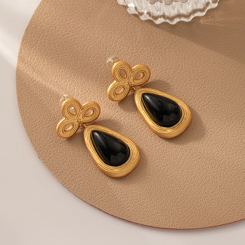 Chinese Knot Black Stone Drop Earrings