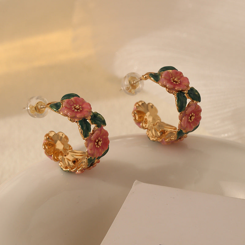 Vintage Camellia Enamel Drop Earrings