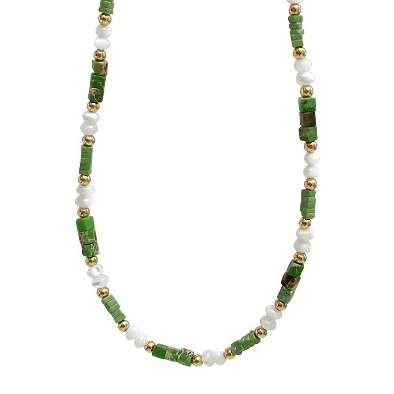 Green Square Natural Stone Shell Beaded Necklace