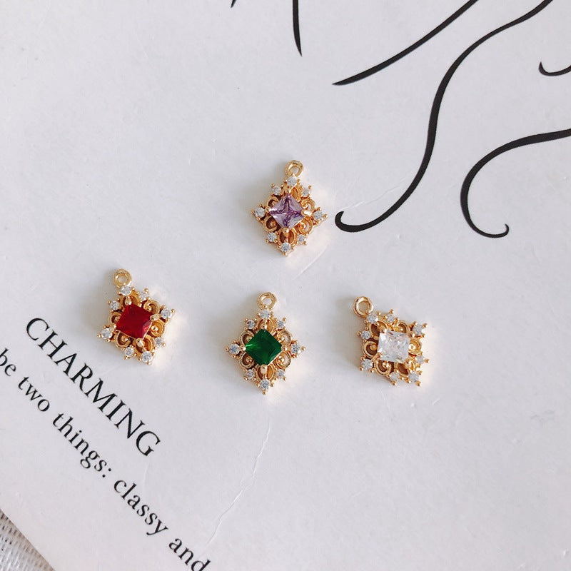 Zircon Single Pendant Rhombus with Diamonds Hollowed Out Flowers Small Pendant DIY Accessories