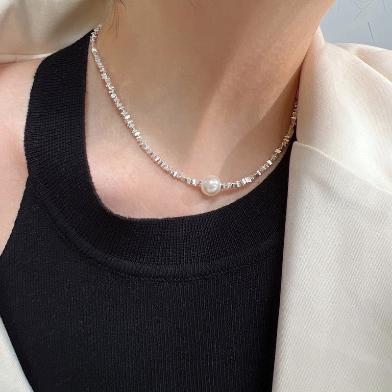 Triangle Geometric Crushed Silver Necklace Temperament Pearl Necklace