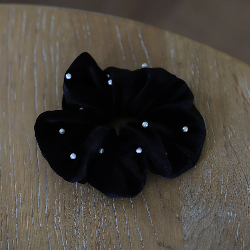 Velvet Black Pearl Ruffled Sausage Hair Bands