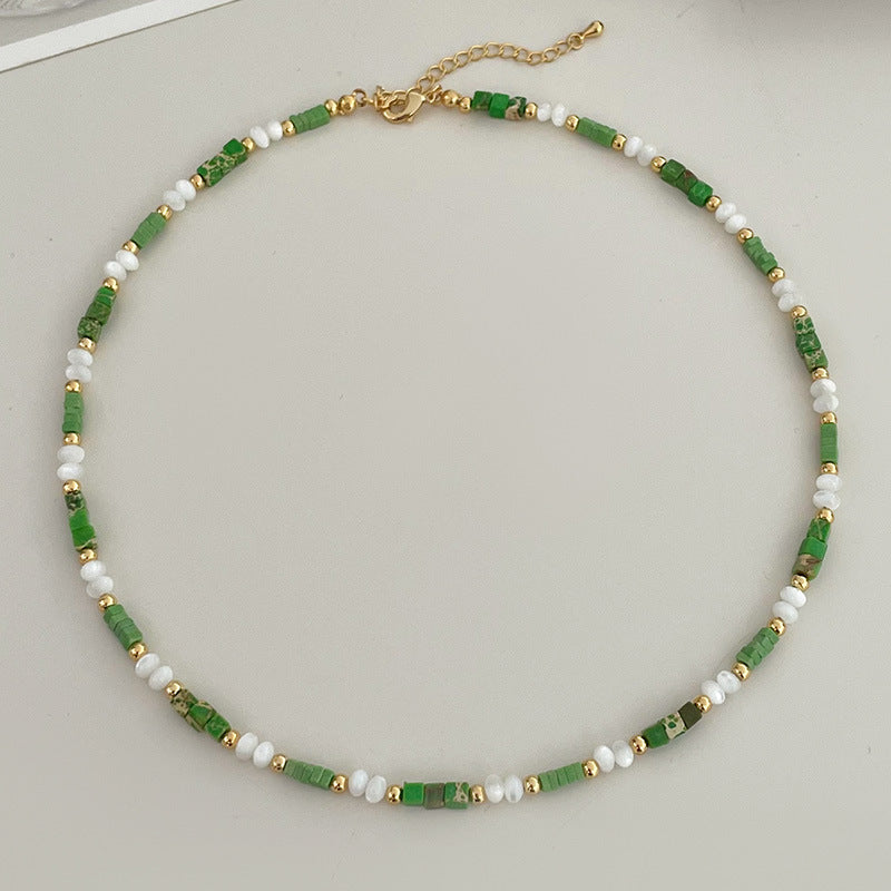 Green Square Natural Stone Shell Beaded Necklace