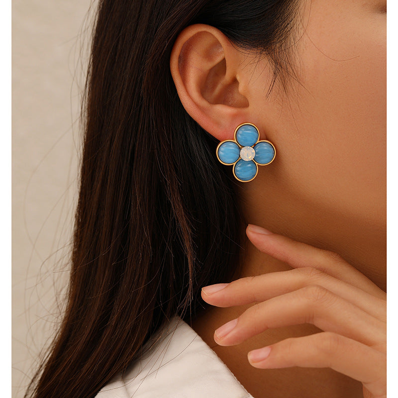 Clover Blue Wave Flower Stud Earrings