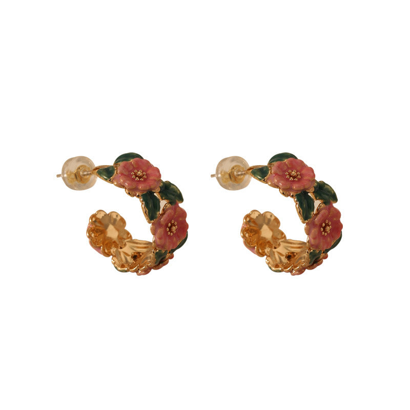 Vintage Camellia Enamel Drop Earrings