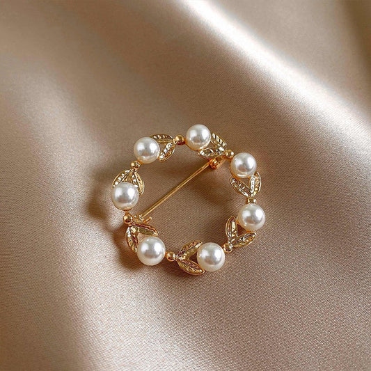 Geometric Ring Brooch with Pearl Leaves