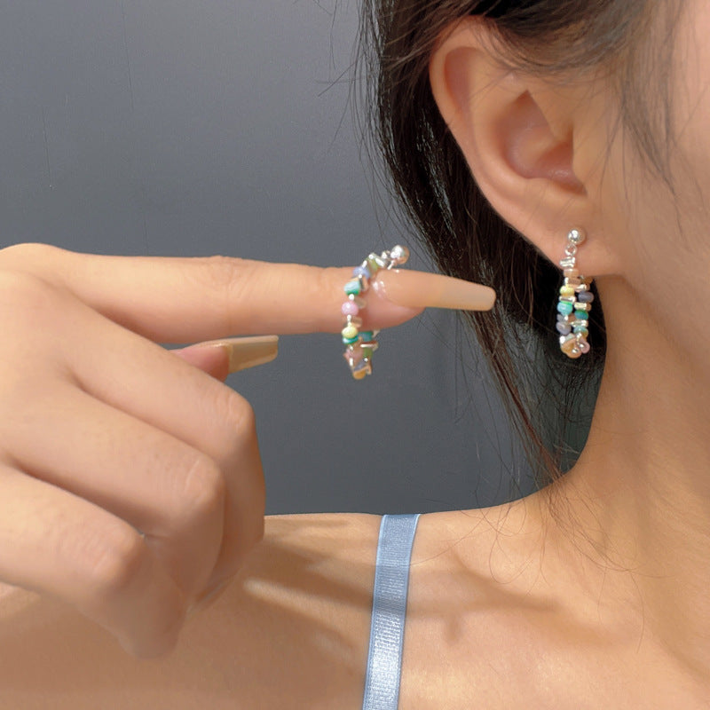 Colored Beaded Silver Stud Earrings