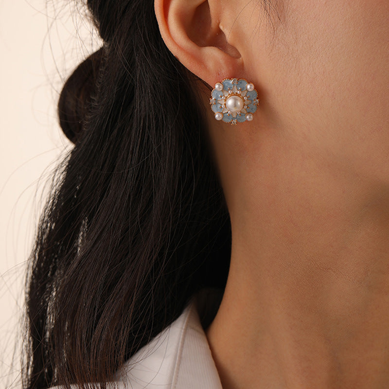 Blue Dripping Flower Stud Earrings