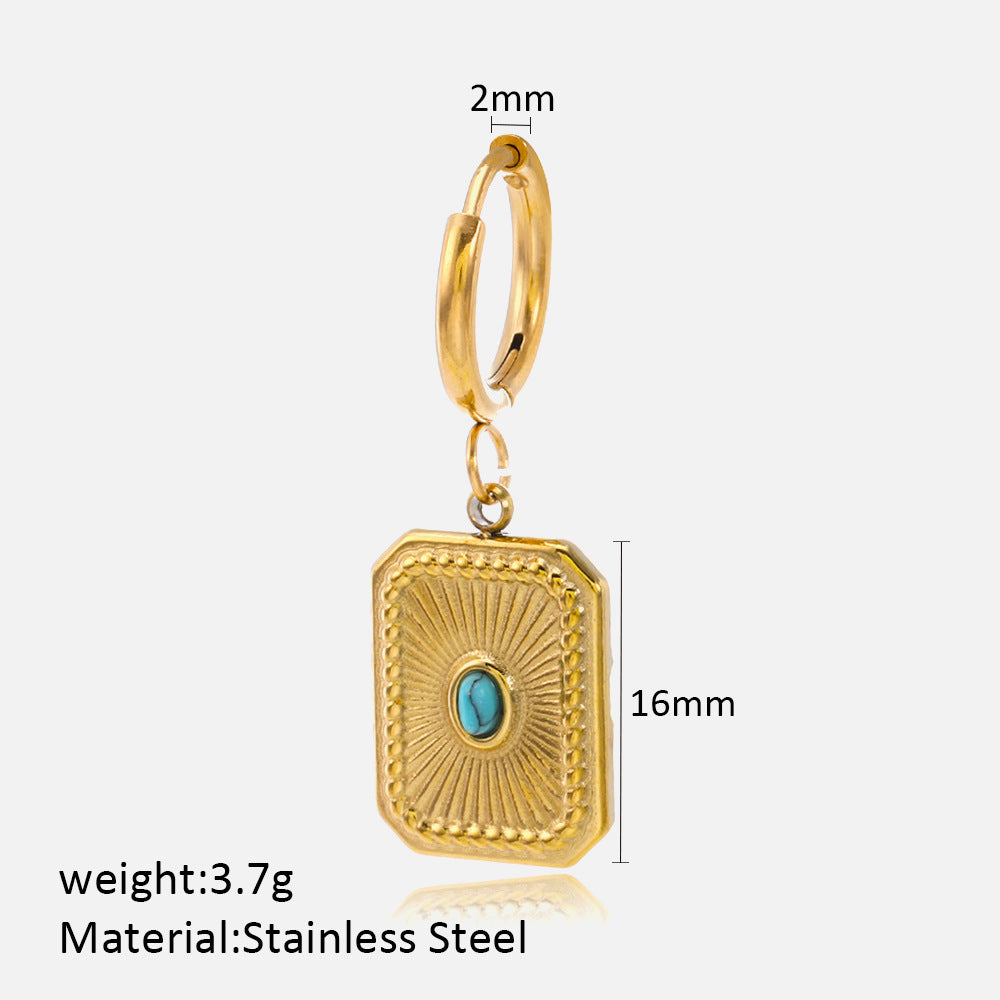 Square inlaid turquoise and gold-plated earrings