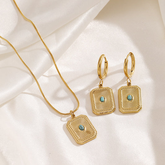 Square inlaid turquoise and gold-plated earrings